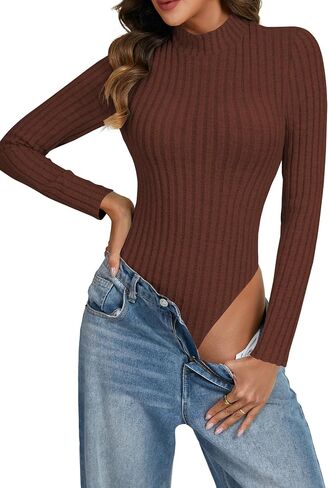 OPOIPIN Women's Turtle Neck Knit Pleated Long Sleeve Slim Fit Bodysuit Top in Kuwait