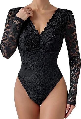 Sexy Floral Lace Bodysuit Women Long Sleeve V-Neck Backless Going Out Body Suit Tops XS-L in Kuwait