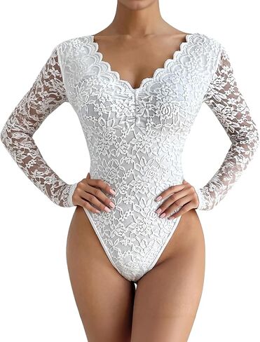 Sexy Floral Lace Bodysuit Women Long Sleeve V-Neck Backless Going Out Body Suit Tops XS-L in Kuwait