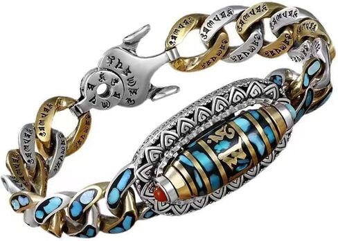 Feng Shui Six-Word Mantra Nine-Eyed Dzi Bead Turquoise Bracelet, Tibetan Buddhist Protection Bangle, Wealth Luck Happiness Amulet Bracelets, Vintage 925 Sterling Silver Bracelets in Kuwait