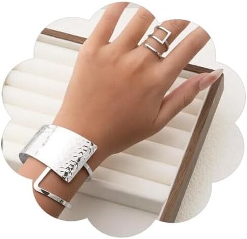 Chunky Gold Bracelet Ring Set for Women Hammered Geometric Open Cuff Bangle Adjustable Ring Silver Statement Punk Jewelry in Kuwait