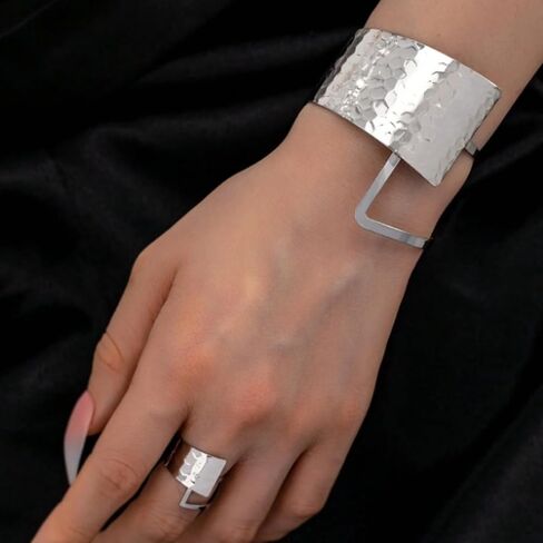 Chunky Gold Bracelet Ring Set for Women Hammered Geometric Open Cuff Bangle Adjustable Ring Silver Statement Punk Jewelry in Kuwait