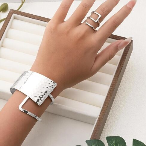 Chunky Gold Bracelet Ring Set for Women Hammered Geometric Open Cuff Bangle Adjustable Ring Silver Statement Punk Jewelry in Kuwait