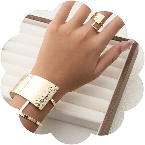 Chunky Gold Bracelet Ring Set for Women Hammered Geometric Open Cuff Bangle Adjustable Ring Silver Statement Punk Jewelry in Kuwait