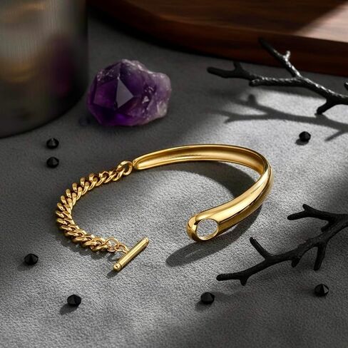 18k Gold Plated Stainless Steel Asymmetrical T-Bar Bangle Bracelet in Saudi Arabia