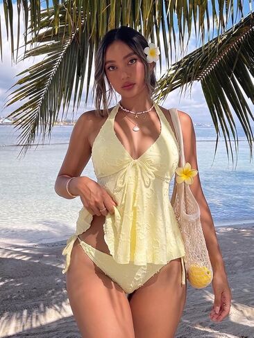 SISKIN Women Two Piece Tankini Textured Polka Dot Halter Cute Ruffle Hem High Waist Bottom Wireless Bathing Suit for Beach Vacation and Cruise Island Holiday Yellow S in Kuwait