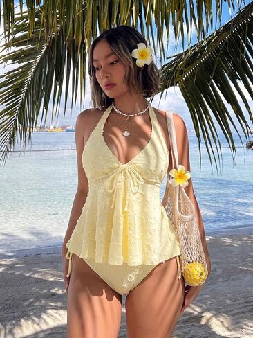 SISKIN Women Two Piece Tankini Textured Polka Dot Halter Cute Ruffle Hem High Waist Bottom Wireless Bathing Suit for Beach Vacation and Cruise Island Holiday Yellow S in Kuwait