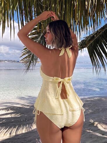 SISKIN Women Two Piece Tankini Textured Polka Dot Halter Cute Ruffle Hem High Waist Bottom Wireless Bathing Suit for Beach Vacation and Cruise Island Holiday Yellow S in Kuwait