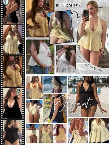 SISKIN Women Two Piece Tankini Textured Polka Dot Halter Cute Ruffle Hem High Waist Bottom Wireless Bathing Suit for Beach Vacation and Cruise Island Holiday Yellow S in Kuwait
