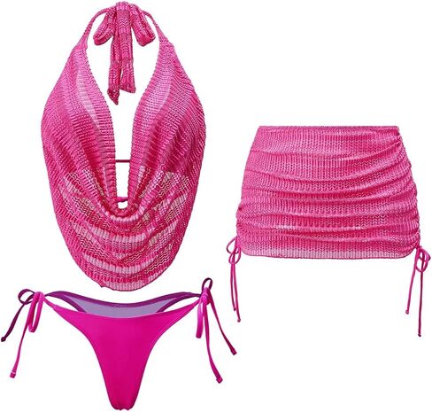 Verdusa Women's 3 Piece Tankini Swimsuits Cheeky Crochet Halter Bathing Suit with Cover Up Skirt in Kuwait