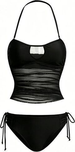 Womens Tankini Swimsuits Mesh 2 Piece Bathing Suits Modest Halter Swimwear in Kuwait