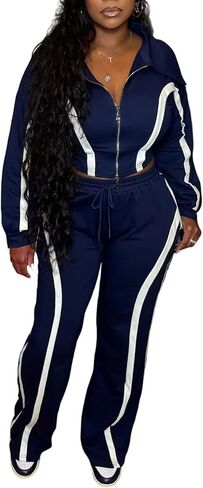 Women Striped 2 Piece Outfits Long Sleeve Zip Up Jacket Top and Wide Leg Pants Set Tracksuits with Pocket in Saudi Arabia