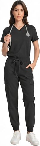 Women’s Scrub Set with 8 Pockets, Stretch V-Neck Scrub Top and Jogger Pants, Breathable Medical Uniforms in Saudi Arabia