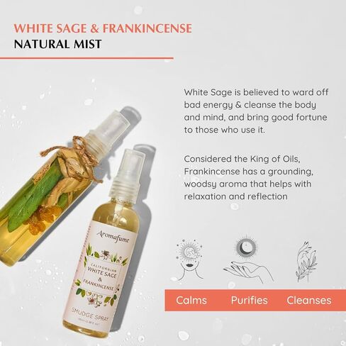 White Sage & Frankincense Smudge Spray by Aromafume | 100ml/3.3 oz | Mist for Cleansing Negative Energy & Protection | Non-Toxic | Room Spray for Spiritual Cleansing, Smokeless Sage Smudging in Saudi Arabia