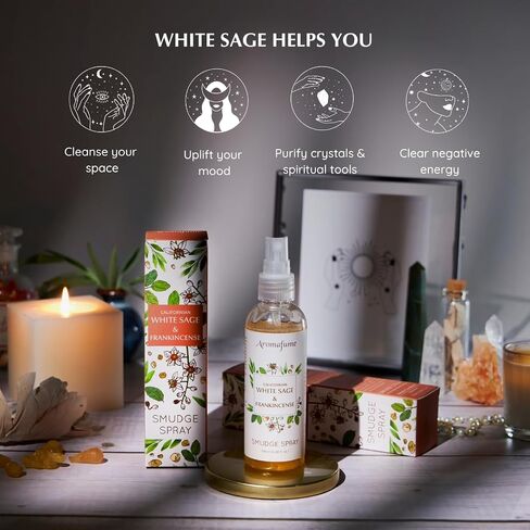 White Sage & Frankincense Smudge Spray by Aromafume | 100ml/3.3 oz | Mist for Cleansing Negative Energy & Protection | Non-Toxic | Room Spray for Spiritual Cleansing, Smokeless Sage Smudging in Saudi Arabia
