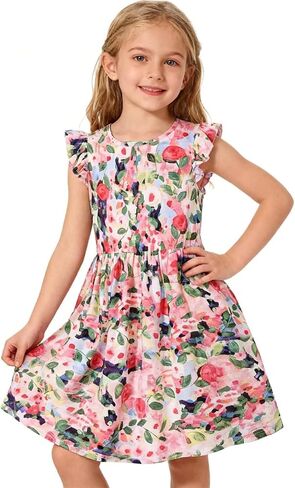 Girl's Summer Dresses Ruffle Sleeve Watercolor Flowers Sundress for Kids Casual Party in Saudi Arabia