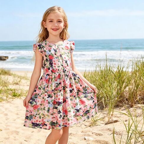 Girl's Summer Dresses Ruffle Sleeve Watercolor Flowers Sundress for Kids Casual Party in Saudi Arabia