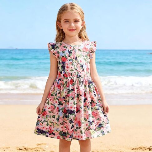 Girl's Summer Dresses Ruffle Sleeve Watercolor Flowers Sundress for Kids Casual Party in Saudi Arabia
