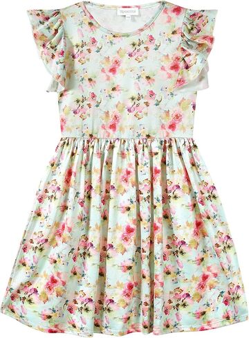 Girl's Summer Dresses Ruffle Sleeve Watercolor Flowers Sundress for Kids Casual Party in Saudi Arabia