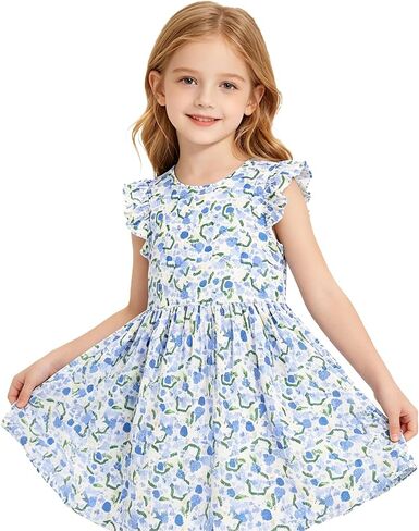 Girl's Summer Dresses Ruffle Sleeve Watercolor Flowers Sundress for Kids Casual Party in Saudi Arabia