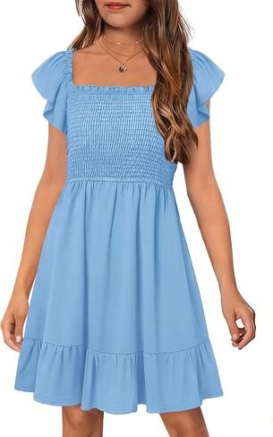HOSIKA Girls Dress Short Sleeve Smocked Boho Summer Dresses for 6-12Y in Saudi Arabia