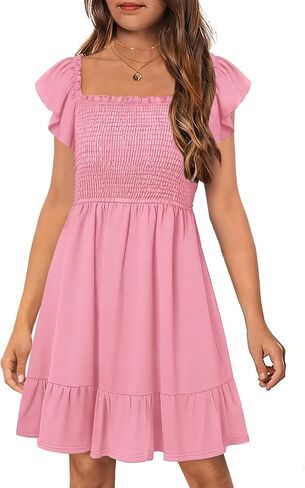 HOSIKA Girls Dress Short Sleeve Smocked Boho Summer Dresses for 6-12Y in Saudi Arabia