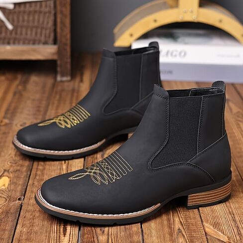 Large-sized men's embroidered ankle boots - Retro style with elastic sides and rubber soles, suitable for casual wear, parties, and autumn/winter seasons. in Kuwait
