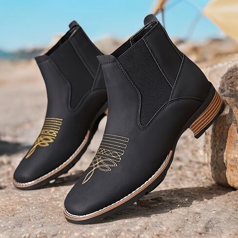 Large-sized men's embroidered ankle boots - Retro style with elastic sides and rubber soles, suitable for casual wear, parties, and autumn/winter seasons. in Kuwait