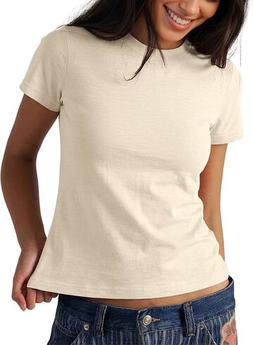 FAIABLE Cotton Crew Neck T Shirts for Women Slub Cotton Short Sleeve Shirt Casual Summer Basic Tees Tops Fashion Trendy 2026 in Kuwait