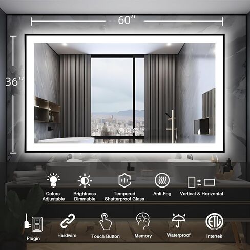 مرآة حمام كبيرة مضيئة مقاس 84 × 40، مرايا زينة LED مثبتة على الحائط، زخرفة سوداء وأضواء مزدوجة، 3 ألوان وتعتيم بدون خطوات، مضادة للضباب، ذاكرة، مقاومة للكسر (أفقي/عمودي) in Kuwait