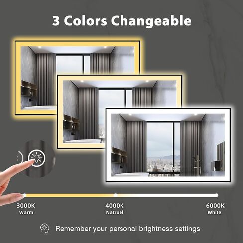 مرآة حمام كبيرة مضيئة مقاس 84 × 40، مرايا زينة LED مثبتة على الحائط، زخرفة سوداء وأضواء مزدوجة، 3 ألوان وتعتيم بدون خطوات، مضادة للضباب، ذاكرة، مقاومة للكسر (أفقي/عمودي) in Kuwait