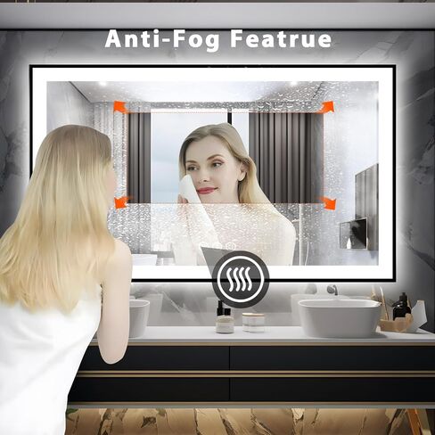 مرآة حمام كبيرة مضيئة مقاس 84 × 40، مرايا زينة LED مثبتة على الحائط، زخرفة سوداء وأضواء مزدوجة، 3 ألوان وتعتيم بدون خطوات، مضادة للضباب، ذاكرة، مقاومة للكسر (أفقي/عمودي) in Kuwait