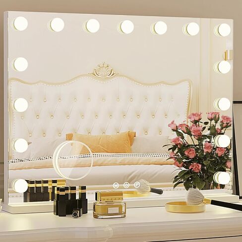 Hollywood Vanity Mirror with Lights, 15 Light Bulbs，3 Color Lights，Make Up Lighted Mirror, Aluminum Metal Frame,USB Charging Port（23" x 18"） in Saudi Arabia