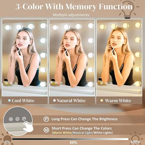 Hollywood Vanity Mirror with Lights, 15 Light Bulbs，3 Color Lights，Make Up Lighted Mirror, Aluminum Metal Frame,USB Charging Port（23" x 18"） in Saudi Arabia
