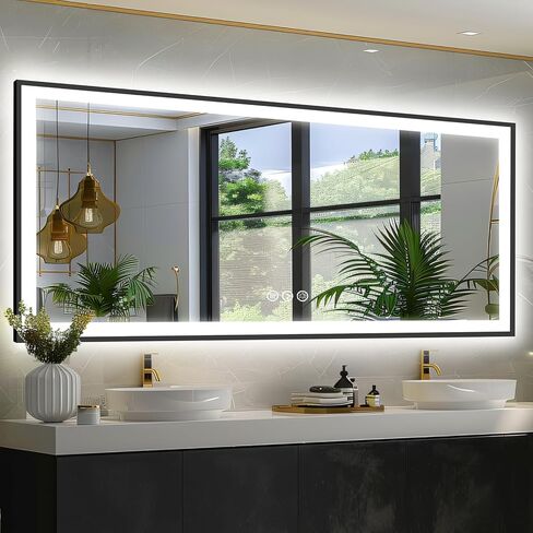 72x32 Large Lighted Bathroom Mirror, Black Rim(Front and Backlit), 3 Colors and Dimmable Vanity Mirror, Tempered Glass, IP54 Enhanced Anti-Fog, Anti-Corrosion, Memory (Horizontal/Vertical) in Kuwait