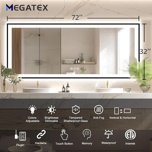 72x32 Large Lighted Bathroom Mirror, Black Rim(Front and Backlit), 3 Colors and Dimmable Vanity Mirror, Tempered Glass, IP54 Enhanced Anti-Fog, Anti-Corrosion, Memory (Horizontal/Vertical) in Kuwait