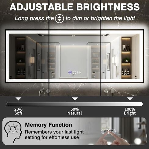 72x32 Large Lighted Bathroom Mirror, Black Rim(Front and Backlit), 3 Colors and Dimmable Vanity Mirror, Tempered Glass, IP54 Enhanced Anti-Fog, Anti-Corrosion, Memory (Horizontal/Vertical) in Kuwait