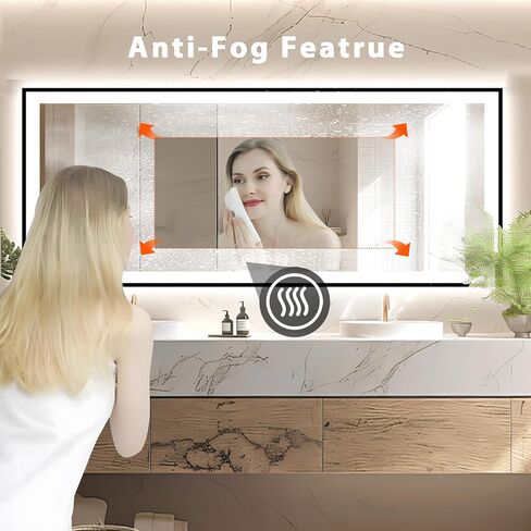 72x32 Large Lighted Bathroom Mirror, Black Rim(Front and Backlit), 3 Colors and Dimmable Vanity Mirror, Tempered Glass, IP54 Enhanced Anti-Fog, Anti-Corrosion, Memory (Horizontal/Vertical) in Kuwait
