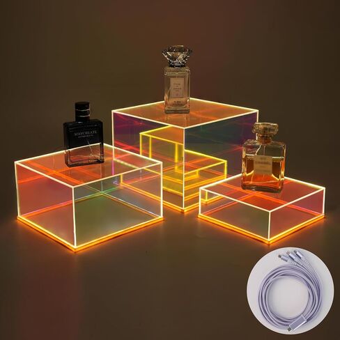 Prismatic Iridescent Display Risers with Plug and Play LED Lights, 3pc-6" 7" 8" Stackable Lighted Cube Box for Figures Jewelry Perfume Purse, Neon Acrylic Display Stands, Rainbow Food Buffet Riser in Saudi Arabia