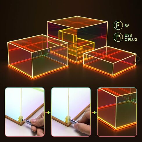 Prismatic Iridescent Display Risers with Plug and Play LED Lights, 3pc-6" 7" 8" Stackable Lighted Cube Box for Figures Jewelry Perfume Purse, Neon Acrylic Display Stands, Rainbow Food Buffet Riser in Saudi Arabia