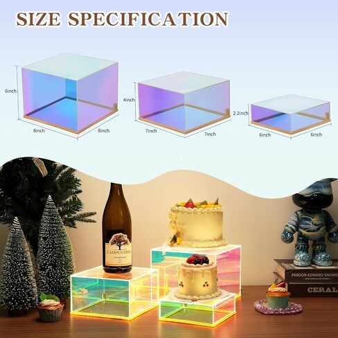 Prismatic Iridescent Display Risers with Plug and Play LED Lights, 3pc-6" 7" 8" Stackable Lighted Cube Box for Figures Jewelry Perfume Purse, Neon Acrylic Display Stands, Rainbow Food Buffet Riser in Saudi Arabia