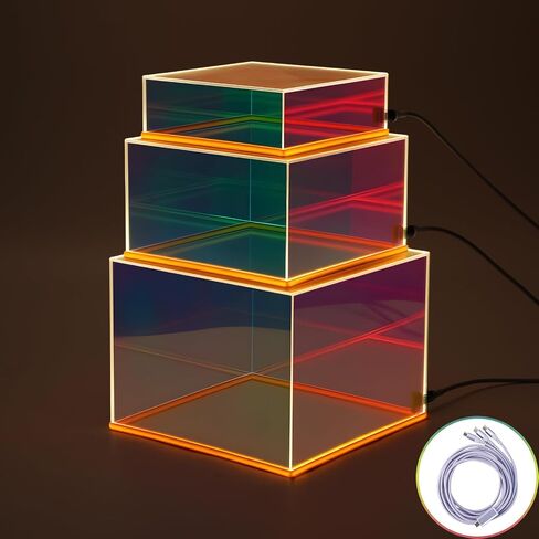 Prismatic Iridescent Display Risers with Plug and Play LED Lights, 3pc-6" 7" 8" Stackable Lighted Cube Box for Figures Jewelry Perfume Purse, Neon Acrylic Display Stands, Rainbow Food Buffet Riser in Saudi Arabia