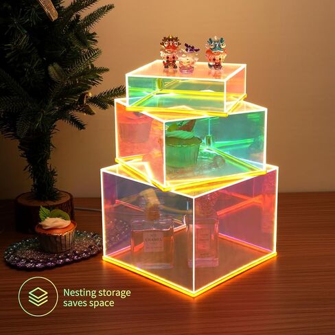 Prismatic Iridescent Display Risers with Plug and Play LED Lights, 3pc-6" 7" 8" Stackable Lighted Cube Box for Figures Jewelry Perfume Purse, Neon Acrylic Display Stands, Rainbow Food Buffet Riser in Saudi Arabia