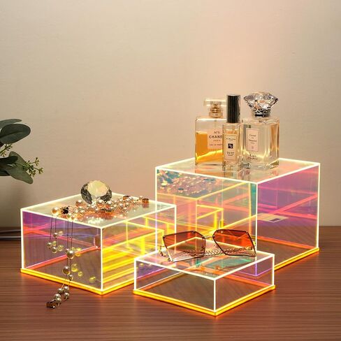 Prismatic Iridescent Display Risers with Plug and Play LED Lights, 3pc-6" 7" 8" Stackable Lighted Cube Box for Figures Jewelry Perfume Purse, Neon Acrylic Display Stands, Rainbow Food Buffet Riser in Saudi Arabia