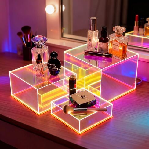 Prismatic Iridescent Display Risers with Plug and Play LED Lights, 3pc-6" 7" 8" Stackable Lighted Cube Box for Figures Jewelry Perfume Purse, Neon Acrylic Display Stands, Rainbow Food Buffet Riser in Saudi Arabia