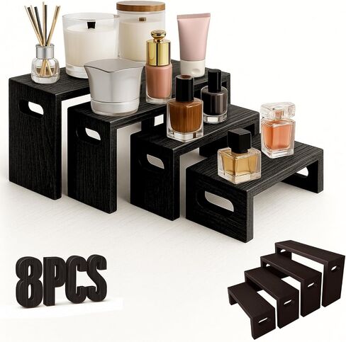 8PCS Wooden Tiered Riser Display Stands, Stackable Perfume Organizer Cologne Stand for Men Women, Wooden Cupcake Dessert Stand, Food Display Risers, Black in Kuwait
