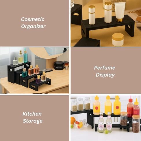 8PCS Wooden Tiered Riser Display Stands, Stackable Perfume Organizer Cologne Stand for Men Women, Wooden Cupcake Dessert Stand, Food Display Risers, Black in Kuwait
