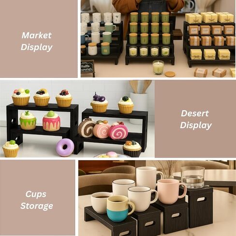 8PCS Wooden Tiered Riser Display Stands, Stackable Perfume Organizer Cologne Stand for Men Women, Wooden Cupcake Dessert Stand, Food Display Risers, Black in Kuwait