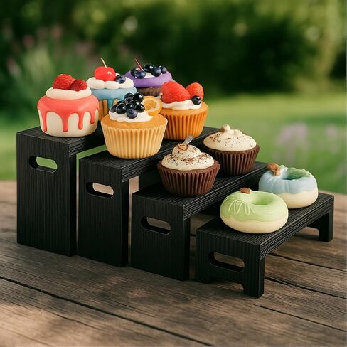 8PCS Wooden Tiered Riser Display Stands, Stackable Perfume Organizer Cologne Stand for Men Women, Wooden Cupcake Dessert Stand, Food Display Risers, Black in Kuwait