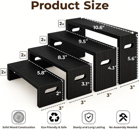 8PCS Wooden Tiered Riser Display Stands, Stackable Perfume Organizer Cologne Stand for Men Women, Wooden Cupcake Dessert Stand, Food Display Risers, Black in Kuwait